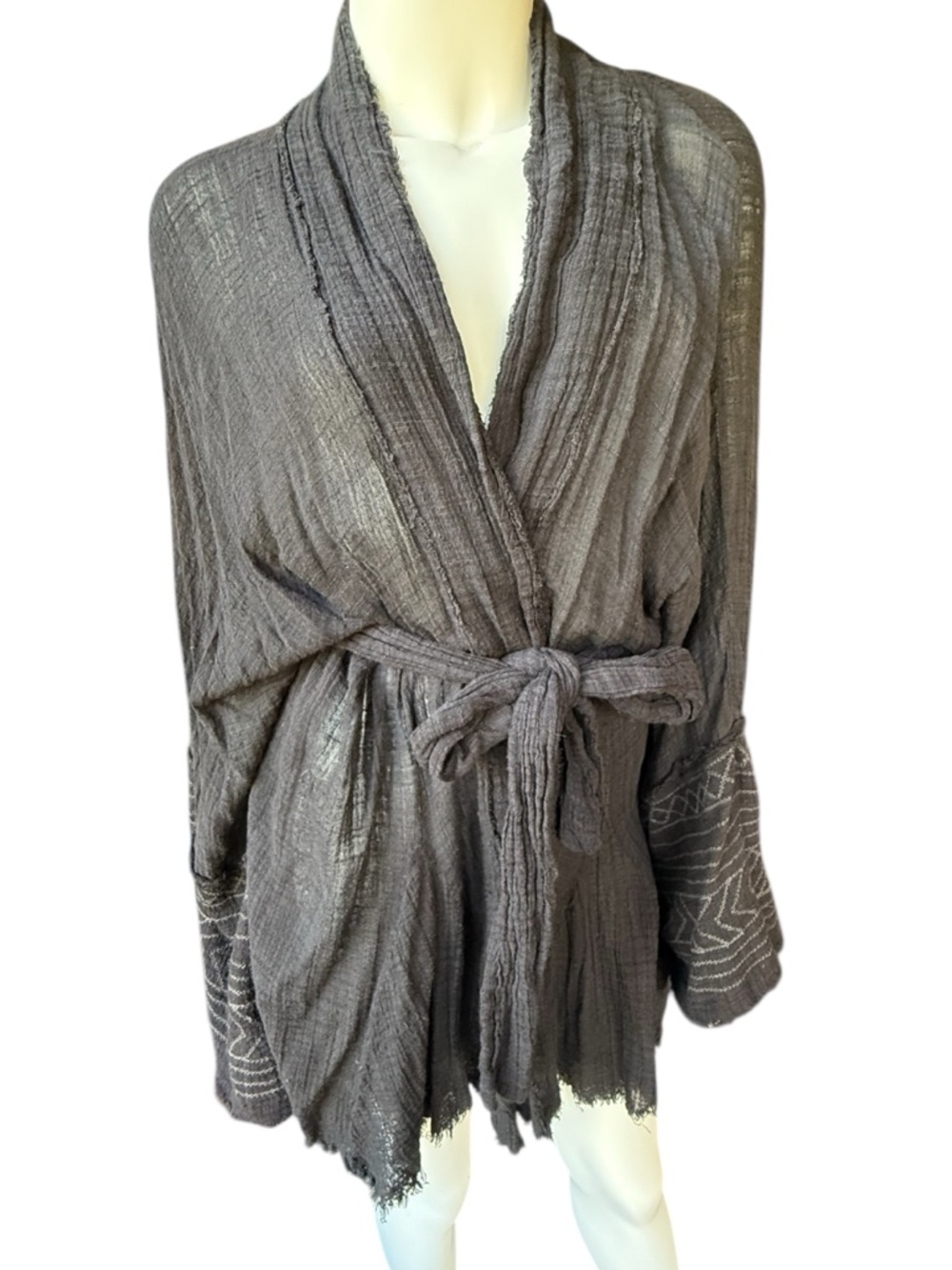 Free People black raw edge gauzy cotton tie front jacket M/L
